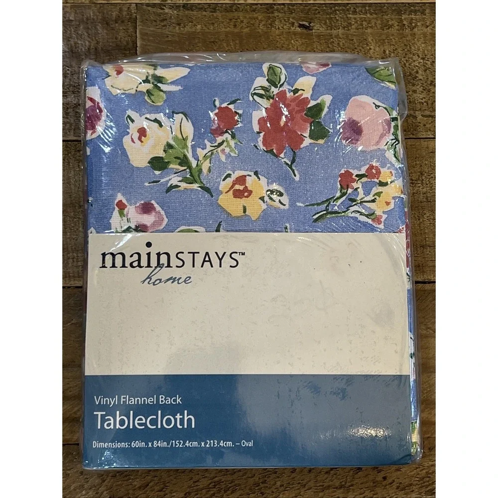 Mainstays Home Blue Floral Vinyl Flannel Back Tablecloth 60in X 84in NOS